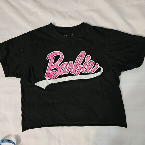 Barbie Black Crop Top T- Shirt Pink Logo  Small - Picture 1 of 4